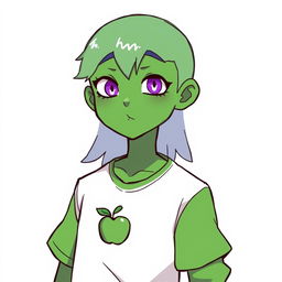 A character with a green face and purple eyes, wearing a white shirt featuring an emblem of a green apple, and green sleeves