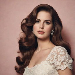 Render an artistic composition of Lana Del Rey, the American singer-songwriter, characterized by her signature vintage Hollywood glamour aesthetics.