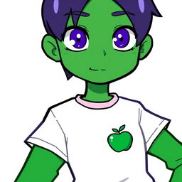 A character with a green face and purple eyes, wearing a white shirt featuring an emblem of a green apple, and green sleeves