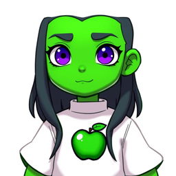 A character with a green face and purple eyes, wearing a white shirt featuring an emblem of a green apple, and green sleeves