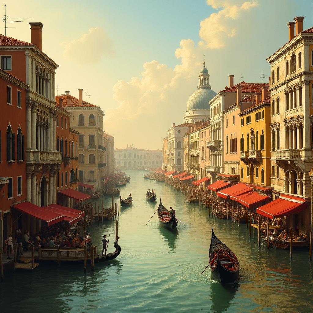 A painting of 18th-century Venice, Italy, styled in the manner of Canaletto