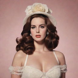 Render an artistic composition of Lana Del Rey, the American singer-songwriter, characterized by her signature vintage Hollywood glamour aesthetics.