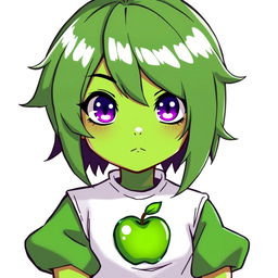 A character with a green face and green hair, featuring striking purple eyes