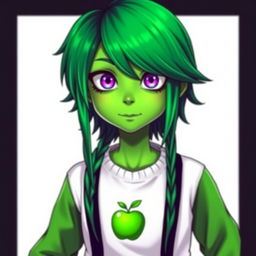 A character with a green face and green hair, featuring striking purple eyes