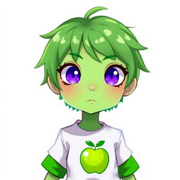 A character with a green face and green hair, featuring striking purple eyes