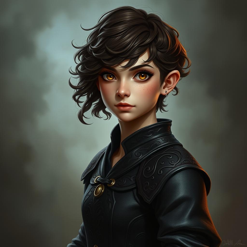 A female Halfling rogue of noble background, characterized by her short, curly dark brown hair and pale golden-brown eyes