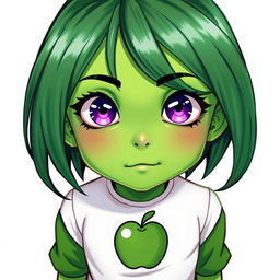 A character with a green face and green hair, featuring striking purple eyes