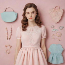 Generate an image embodying a coquettish girl's aesthetic, with elements like vintage dresses, soft pastel colors, and delicate accessories