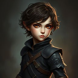 A female Halfling rogue of noble background, characterized by her short, curly dark brown hair and pale golden-brown eyes