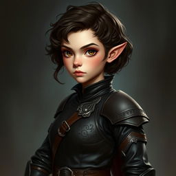 A female Halfling rogue of noble background, characterized by her short, curly dark brown hair and pale golden-brown eyes