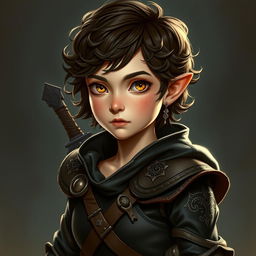 A female Halfling rogue of noble background, characterized by her short, curly dark brown hair and pale golden-brown eyes