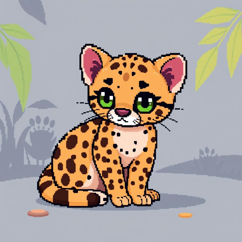 A cute ocelot sitting calmly, illustrated in pixel art style with vibrant colors