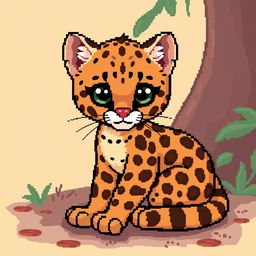 A cute ocelot sitting calmly, illustrated in pixel art style with vibrant colors