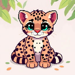 A cute ocelot sitting calmly, illustrated in pixel art style with vibrant colors