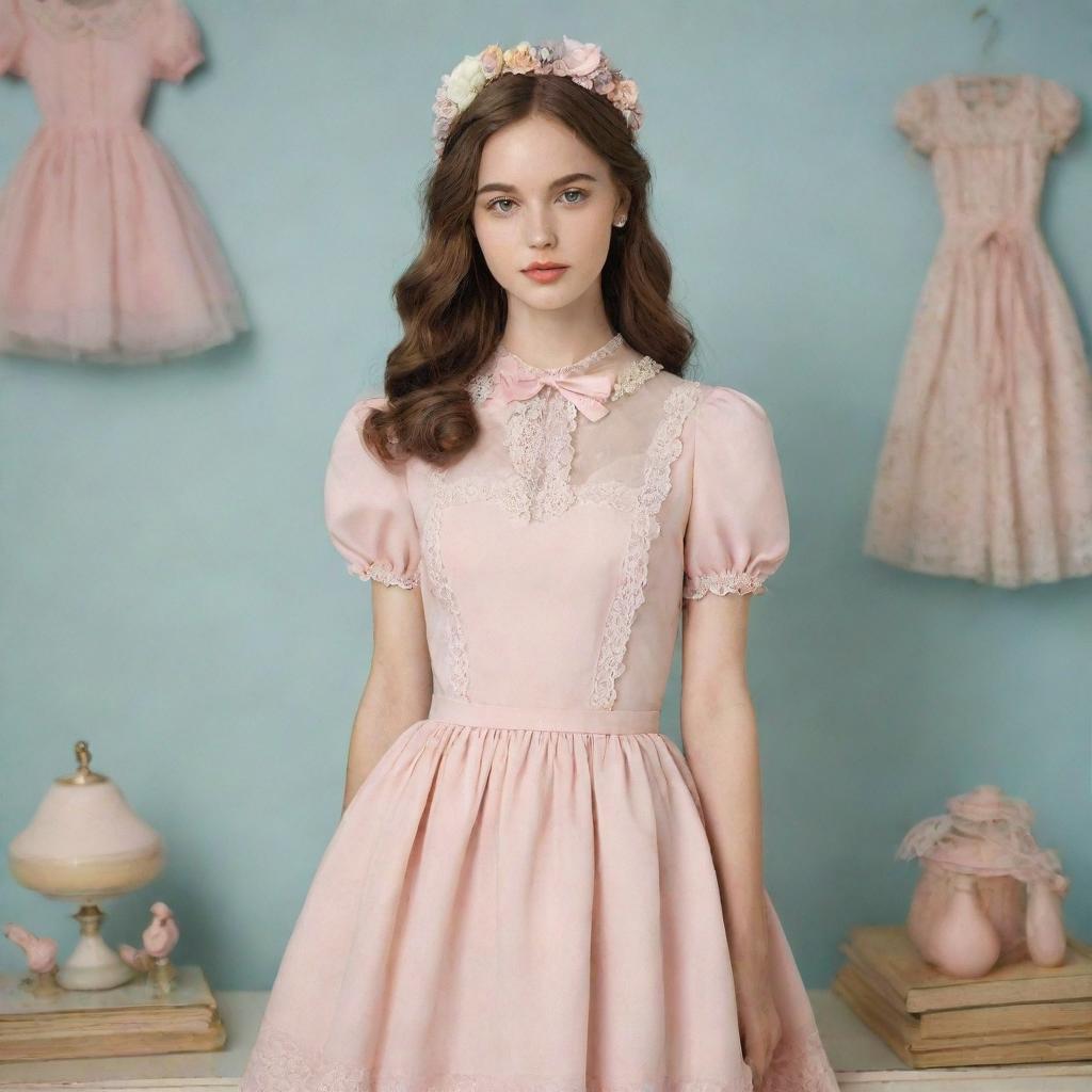 Generate an image embodying a coquettish girl's aesthetic, with elements like vintage dresses, soft pastel colors, and delicate accessories