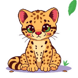 A cute ocelot sitting calmly, illustrated in pixel art style with vibrant colors