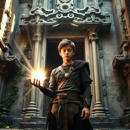 A young man standing in front of the entrance of an ancient temple, holding a gleaming, magical light in his hands