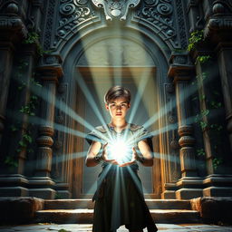 A young man standing in front of the entrance of an ancient temple, holding a gleaming, magical light in his hands