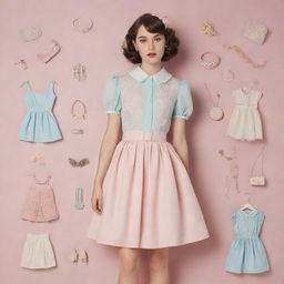 Generate an image embodying a coquettish girl's aesthetic, with elements like vintage dresses, soft pastel colors, and delicate accessories