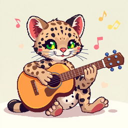 A whimsical scene with a playful ocelot playing an acoustic guitar, depicted in pixel art style