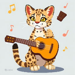 A whimsical scene with a playful ocelot playing an acoustic guitar, depicted in pixel art style