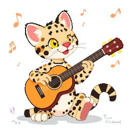 A whimsical scene with a playful ocelot playing an acoustic guitar, depicted in pixel art style