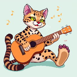 A whimsical scene with a playful ocelot playing an acoustic guitar, depicted in pixel art style