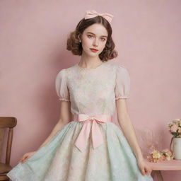 Generate an image embodying a coquettish girl's aesthetic, with elements like vintage dresses, soft pastel colors, and delicate accessories