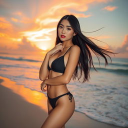 A stunning Japanese woman standing on a beautiful sunny beach, her long silky black hair flowing in the breeze