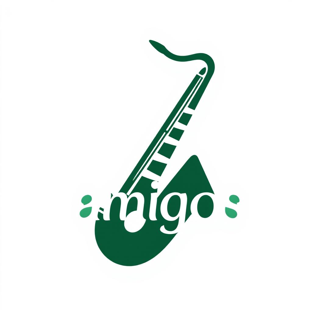 Dark green saxophone logo with the word 'amigos' elegantly integrated into the design, sleek and modern style, clean lines, and elegant curves, set against a white background