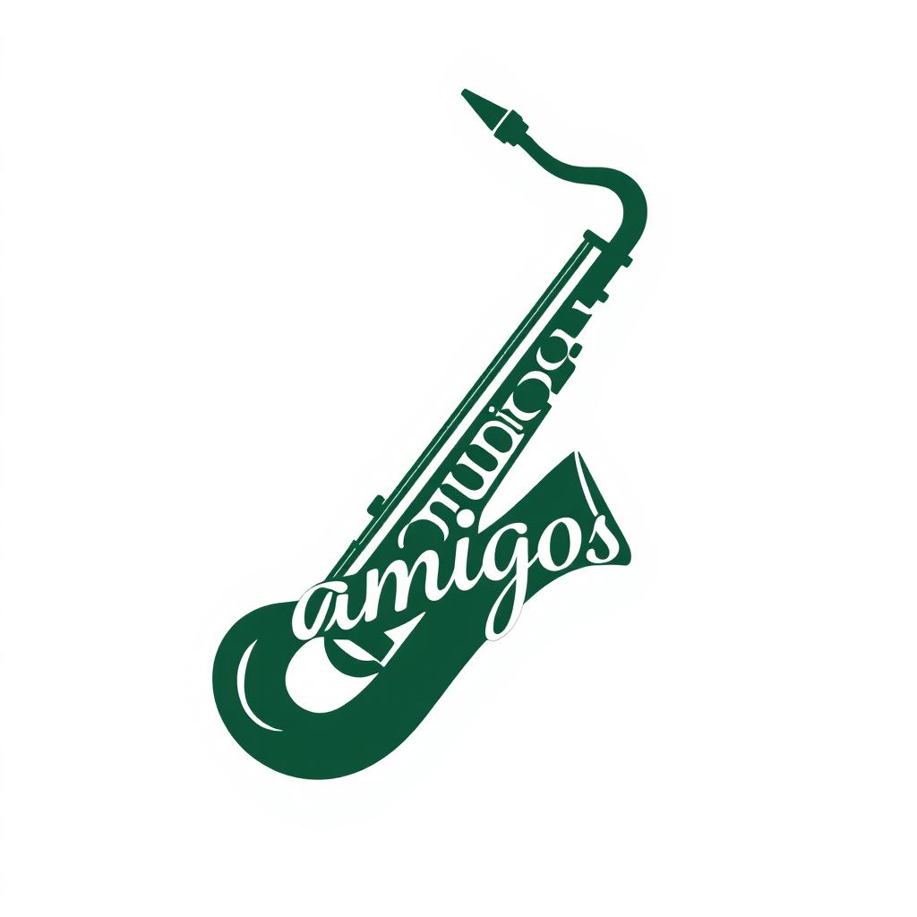 Dark green saxophone logo with the word 'amigos' elegantly integrated into the design, sleek and modern style, clean lines, and elegant curves, set against a white background