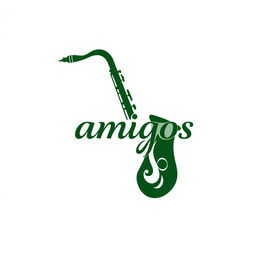 Dark green saxophone logo with the word 'amigos' elegantly integrated into the design, sleek and modern style, clean lines, and elegant curves, set against a white background