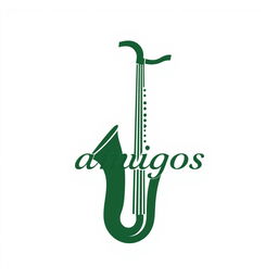 Dark green saxophone logo with the word 'amigos' elegantly integrated into the design, sleek and modern style, clean lines, and elegant curves, set against a white background