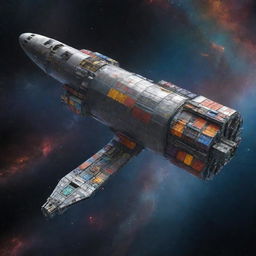 A sizeable cargo spaceship with an industrial design, loaded with multicolored containers, travelling through star-studded space, passing by distant nebulae and galaxies.