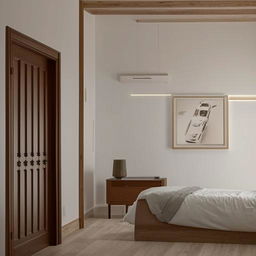 An aesthetic interior scene featuring a wooden-framed classic entrance door, a simple styled bed, ascetic car posters on a wall with vintage white paint. A wooden window boosts the ascetic theme, lit by LED lights. An AC unit adorns the side wall.