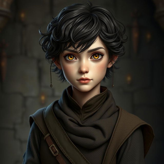 A noble female Halfling rogue with short, curly dark brown hair and pale golden-brown eyes