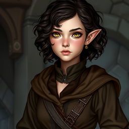 A noble female Halfling rogue with short, curly dark brown hair and pale golden-brown eyes