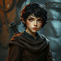 A noble female Halfling rogue with short, curly dark brown hair and pale golden-brown eyes