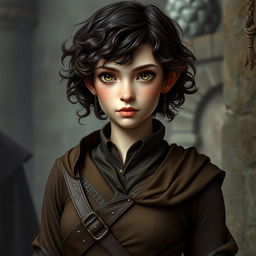 A noble female Halfling rogue with short, curly dark brown hair and pale golden-brown eyes