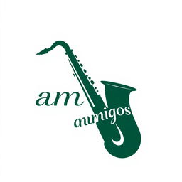 Dark green saxophone logo with the word 'amigos' elegantly integrated into the design, sleek and modern style, clean lines, and elegant curves, set against a white background