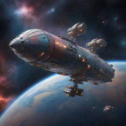 A sizeable cargo spaceship with an industrial design, loaded with multicolored containers, travelling through star-studded space, passing by distant nebulae and galaxies.