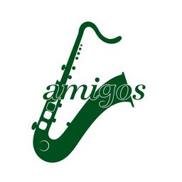 Dark green saxophone logo with the word 'amigos' elegantly integrated into the design, sleek and modern style, clean lines, and elegant curves, set against a white background