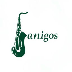 Dark green saxophone logo with the word 'amigos' elegantly integrated into the design, sleek and modern style, clean lines, and elegant curves, set against a white background