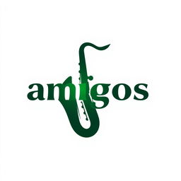 Dark green saxophone logo with the word 'amigos' elegantly integrated into the design, sleek and modern style, clean lines, and elegant curves, set against a white background