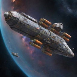 A sizeable cargo spaceship with an industrial design, loaded with multicolored containers, travelling through star-studded space, passing by distant nebulae and galaxies.