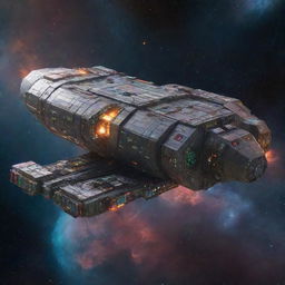 A sizeable cargo spaceship with an industrial design, loaded with multicolored containers, travelling through star-studded space, passing by distant nebulae and galaxies.