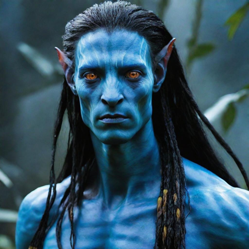 Visualize a Na'vi from Avatar, with extraordinarily long hair cascading down, and intense red eyes standing out against their blue skin.