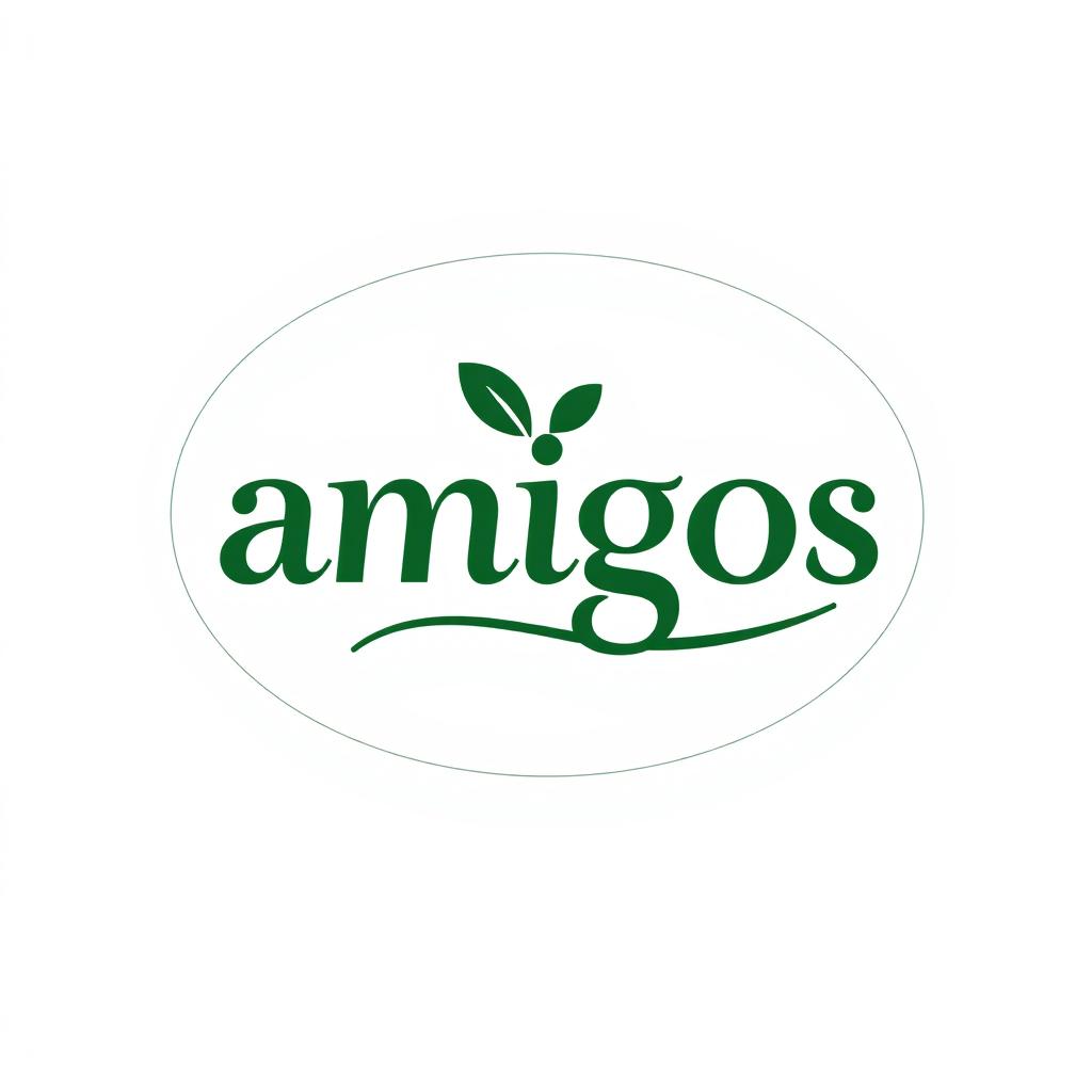 Dark green logo with the word 'amigos' elegantly integrated into the design, sleek and modern style, clean lines, and elegant typography, set against a white background