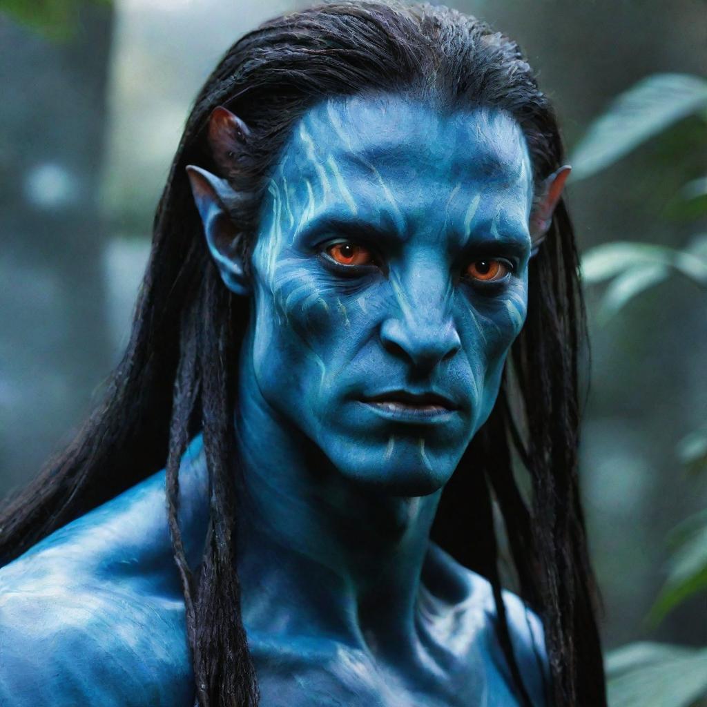 Visualize a Na'vi from Avatar, with extraordinarily long hair cascading down, and intense red eyes standing out against their blue skin.