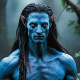 Visualize a Na'vi from Avatar, with extraordinarily long hair cascading down, and intense red eyes standing out against their blue skin.